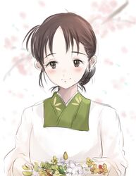  apron black_hair blurry blurry_background branch brown_eyes cherry_blossoms commentary_request female flower highres japanese_clothes kappougi kayanogura kono_sekai_no_katasumi_ni looking_down mole mole_under_mouth smile urano_suzu 