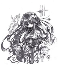  akemi_homura akemi_homura_(magical_girl) chibi commentary_request female greyscale leaf long_hair magical_girl mahou_shoujo_madoka_magica mahou_shoujo_madoka_magica_(anime) monochrome niko_(2ars) solo very_long_hair 