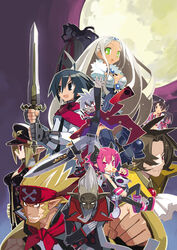  5girls 6+boys ahoge almaz_von_almadine_adamant asuka_cranekick aurum_(disgaea) black_hair black_hat blonde_hair candy demon_boy demon_girl disgaea everyone food full_moon geoffrey_(disgaea) glasses gloves green_eyes grey_hair hair_between_eyes happy harada_takehito hat heterochromia horns jacket kyoko_needleworker long_hair makai_senki_disgaea_3 mao_(disgaea) master_big_star moon mr._champloo multiple_boys multiple_girls netherworld_(disgaea) official_art pantyhose pink_eyes pink_hair pink_wrist_cuffs pointy_ears ponytail purple_eyes raspberyl red_eyes round_eyewear salvatore_(disgaea) sapphire_rhodonite school_uniform short_hair smile sword symbol_in_eye tail thighhighs tiara uniform weapon white_hair wrist_cuffs 