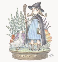  animal artist_name bad_id bad_pixiv_id bird black_cape black_hat blue_dress blue_eyes book braid brown_footwear cape commentary_request dated dress fantasy female goose hat holding holding_book isakawa_megumi original plant shoes staff twin_braids witch witch_hat 