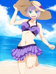  :d bare_shoulders barefoot beach bikini bikini_skirt blue_eyes breasts cleavage collarbone dutch_angle fairy_tail female front-tie_top hand_on_headwear happy hat highres large_breasts lavender_hair lisanna lisanna_strauss looking_at_viewer midriff navel ocean open_mouth short_hair silver_hair smile solo standing_on_one_leg sun_hat swimsuit vector_trace water 