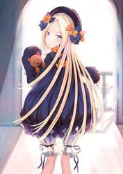  abigail_williams_(fate) black_dress black_hat blonde_hair bloomers blush bow bug butterfly commentary day dress fate/grand_order fate_(series) female forehead hairbow hat highres hugging_object indoors kneepits long_hair long_sleeves looking_at_viewer looking_back orange_bow parted_bangs parted_lips purple_bow purple_eyes railing sleeves_past_wrists solo stuffed_animal stuffed_toy sunlight teddy_bear toki_(yoyobozi) underwear very_long_hair white_bloomers 