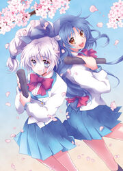  2girls bad_id bad_pixiv_id blue_eyes blue_hair bow braid brown_eyes cherry_blossoms chidori_kaname full_metal_panic graduation jindai_high_school_uniform long_hair low-tied_long_hair multiple_girls open_mouth petals school_uniform silver_hair skirt smile teletha_testarossa tube yuzuki_kisa 