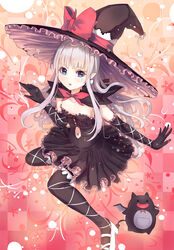  arm_ribbon bat_wings black_dress black_gloves black_thighhighs blue_eyes bow breasts clothing_cutout collarbone commentary_request culter demon_tail dress elbow_gloves fangs feline female gloves grey_hair hairbow hat highres leg_ribbon long_hair looking_at_viewer melty_(shining_hearts) navel navel_cutout open_mouth pointy_ears ribbon shining_(series) shining_hearts small_breasts solo sorbe_(shining_hearts) tail thighhighs very_long_hair wings witch_hat zettai_ryouiki 