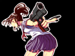  bad_id bad_pixiv_id borrowed_character brown_hair drossel_(dexsini) dual_wielding female foreshortening grin gun handgun holding long_hair minabe_tetsumi original pleated_skirt ponytail school_uniform serafuku skirt smile solo weapon 