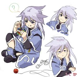  1boy ? blue_eyes blush boots flat_gaze frown genis_sage genius_sage kujiranohane lolicon multiple_views open_mouth painting rubik&#039;s_cube short_hair signature silver_hair simple_background sitting smile tales_of_(series) tales_of_symphonia toy white_background 