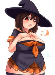  :d bad_id bad_pixiv_id banned_artist black_legwear blush breast_suppress breasts brown_hair crescent eno_konoe eyebrows fat halloween hat large_breasts looking_at_viewer mikomu miniskirt oerba_yun_fang open_mouth original red_eyes school_uniform serafuku short_hair skirt smile solo star thick_eyebrows thick_thighs thighhighs thighs witch_hat 