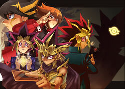  5boys atem bad_id bad_pixiv_id black_hair blonde_hair blue_eyes brown_eyes brown_hair cape domino_high_school_uniform duel_academy_uniform_(yu-gi-oh!_gx) dyed_bangs eye_of_horus fudo_yusei jacket jewelry long_hair male_focus millennium_puzzle multicolored_hair multiple_boys muto_yugi open_mouth pendant raku_(howdy) school_uniform smile streaked_hair tan tattoo yami_yugi yu-gi-oh! yu-gi-oh!_(toei) yu-gi-oh!_5d&#039;s yu-gi-oh!_duel_monsters yu-gi-oh!_gx yuki_judai 