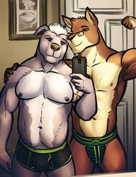  abs anthro anthro_on_anthro bgn biceps blue_eyes boxer_briefs brown_body brown_eyes brown_fur bulge camera_phone canid canine canis cleveartois93 clothed clothing domestic_dog duo facial_hair flexing fur grey_body grey_fur hair heterochromia hi_res jockstrap kangaroo luxordtimet macropod male male/male mammal marsupial muscular muscular_male nipples ozzy_fitch pecs pit_bull romantic romantic_couple selfie smile standing tony_(character) topless underwear white_body white_fur yellow_eyes 