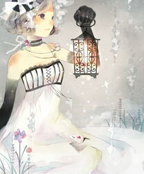  bad_id bad_pixiv_id bare_shoulders black_eyes card choker elbow_gloves female floating_card flower gloves grey_hair hat highres jewelry lantern mini_hat mini_top_hat original pendant shigatsuya short_hair solo tears top_hat white_hair 