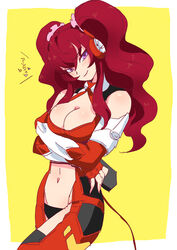  blush breast_hold breasts cleavage cleavage_cutout clothing_cutout commentary_request cowboy_shot cross_ange crossed_arms female hair_between_eyes hair_ornament hilda_(cross_ange) kita_makura long_hair looking_at_viewer medium_breasts navel photoshop_(medium) purple_eyes red_hair revealing_clothes scrunchie simple_background smile solo translated tsurime twintails 