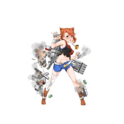  15k animal_ears asymmetrical_legwear belt black_shirt blue_eyes blue_shorts blush boots brass_knuckles breasts broken brown_footwear buttons cannon crop_top cross-laced_footwear damaged depth_charge depth_charge_projector elbow_pads female full_body hair_between_eyes lace-up_boots laffey_(mod)_(warship_girls_r) laffey_(warship_girls_r) legs_apart looking_at_viewer machinery midriff navel oerba_yun_fang official_art open_mouth orange_hair rigging sailor_collar sailor_shirt shirt short_hair shorts single_sock single_thighhigh small_breasts smoke smokestack smoking_pipe socks solo spinach standing thighhighs torn_clothes torn_thighhighs torpedo transparent_background turret uneven_legwear warship_girls_r weapon white_legwear 