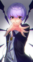  bad_id bad_pixiv_id banned_artist brown_eyes byakuya_(under_night_in-birth) crazy_eyes floating_swords foreshortening gakuran grey_hair looking_at_viewer male_focus outstretched_hand school_uniform solo under_night_in-birth weapon yusano 