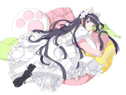  01_0219 animal_ears black_footwear cat_ears commentary_request cross-laced_clothes detached_sleeves dress extra_ears female frilled_dress frilled_pillow frills full_body hairband hazuki_(tsukuyomi) lolita_fashion long_hair looking_back lying pillow puffy_short_sleeves puffy_sleeves purple_eyes purple_hair ribbon shoes short_sleeves sleeves_past_wrists solo sweet_lolita tsukuyomi_moonphase very_long_hair white_background white_dress white_ribbon 