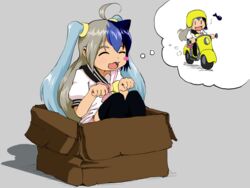  ahoge animal_ears black_hair blue_hair blush box cardboard_box chibi clannad crossover fusion gretel ikeda_kana izumi_konata kud_wafter little_busters! lucky_star moetron motor_vehicle multicolored_hair noumi_kudryavka oerba_yun_fang otogi-jushi_akazukin sakagami_tomoyo saki school_uniform scooter short_twintails silver_hair smile twintails twintails vehicle 