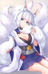  animal_ears azur_lane blue_eyes blue_skirt blunt_bangs blush bob_cut breasts brown_background cleavage commentary_request female fox_ears fox_tail head_tilt highres holding_own_tail invisible_chair japanese_clothes kaga_(azur_lane) kimono kitsune kon_(k0n16) kyuubi large_breasts long_sleeves looking_at_viewer multiple_tails obi parted_lips ribbon_trim sash short_hair simple_background sitting skirt smile solo tail tassel white_hair white_kimono wide_sleeves 