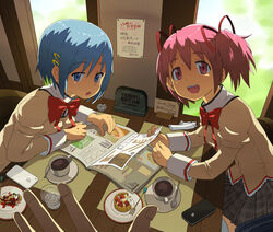  2girls apple_inc. bag blue_eyes blue_hair bow bowtie breast_press breasts cafe cake cellphone close-up collared_shirt commentary_request cranberry cup drinking_glass food fork fruit grey_skirt hair_between_eyes hair_ornament hairclip half-closed_eyes iphone jam kaname_madoka leaning_forward long_sleeves looking_at_viewer mahou_shoujo_madoka_magica mahou_shoujo_madoka_magica_(anime) medium_breasts menu miki_sayaka mitakihara_school_uniform multiple_girls nama_mana napkin open_mouth pastry phone pink_eyes pink_hair placemat plaid plaid_skirt pleated_skirt pov pov_across_table pov_hands puffy_long_sleeves puffy_sleeves red_bow red_bowtie saucer school_bag school_uniform shirt short_hair short_twintails sign sitting skirt sleeve_cuffs small_breasts smartphone strawberry tart_(food) tea teacup teaspoon teeth thighhighs tongue twintails upper_teeth_only vest water white_shirt white_thighhighs window yebisu yen_sign 