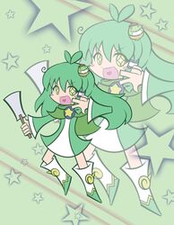  alternate_costume blush_stickers cape commentary_request cosplay donguri_gaeru female frog frog_hair_ornament gohei green_eyes green_hair hair_ornament heart highres kochiya_sanae long_hair ocean_prince open_mouth parody puyopuyo puyopuyo_fever salde_canarl_shellbrick_iii salde_canarl_shellbrick_iii_(cosplay) smile snake snake_hair_ornament solo sparkle sparkling_eyes star_(symbol) style_parody touhou v ziogon zoom_layer 