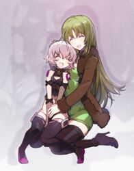  2girls ^_^ arm_belt bandaged_arm bandages black_panties blush boots breasts cleavage closed_eyes commentary dual_wielding fate/apocrypha fate/grand_order fate_(series) gloves green_hair grey_hair high_heel_boots high_heels holding hug hug_from_behind jack_the_ripper_(fate/apocrypha) long_hair lowleg lowleg_panties medium_breasts motherly multiple_girls open_mouth panties rikudou_reika scar scar_across_eye scar_on_cheek scar_on_face short_hair shoulder_tattoo single_glove small_breasts smile tattoo thigh_boots thighhighs underwear white_hair yurizuka_(sergeant_heart) 