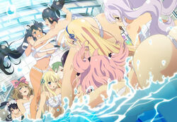  6+girls ass asuka_(senran_kagura) black_hair blonde_hair blue_eyes blush breasts clenched_teeth eyepatch fundoshi green_hair haruka_(senran_kagura) headdress hibari_(senran_kagura) hikage_(senran_kagura) homura_(senran_kagura) ikaruga_(senran_kagura) katsuragi_(senran_kagura) large_breasts mirai_(senran_kagura) multiple_girls official_art pink_hair pool ribbon sarashi senran_kagura senran_kagura:_estival_versus senran_kagura_(series) tan teeth water white_hair yagyuu_(senran_kagura) yomi_(senran_kagura) 