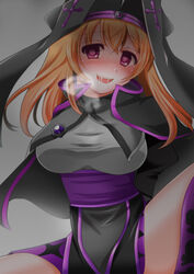  arms_behind_back blush breasts breath capelet commentary_request cross dress empty_eyes female habit hal_(harun) heart heart-shaped_pupils heavy_breathing large_breasts long_hair looking_at_viewer nun offset_spanner_(ole_tower) ole_tower open_mouth orange_hair photoshop_(medium) purple_eyes saliva smile solo spread_legs symbol-shaped_pupils taut_clothes translation_request 