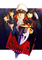  5boys anchor antennae beard character_request coat commentary_request energy_cannon facial_hair gloves hat headgear highres jumpsuit kodai_mamoru logo looking_at_viewer manly military military_uniform moustache multiple_boys nicoa7 photoshop_(medium) rocket_launcher scarf science_fiction space spacecraft star_(sky) turret uchuu_senkan_yamato uchuu_senkan_yamato_2199 uniform weapon yukikaze_(spaceship) 