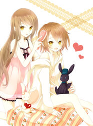  1boy akane_(goma) akira_(goma) blush brother_and_sister brown_hair brush bunny female female goma_(11zihisin) hat heart heart long_hair male nightgown nightie off_shoulder open_mouth original pajamas short_hair siblings sitting souta_(goma) stuffed_animal stuffed_toy trap yellow_eyes 