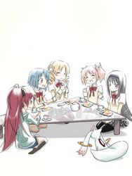  5girls akemi_homura black_hair black_pantyhose blonde_hair blue_hair blush cake casual closed_eyes commentary_request cup food hana_azuki kaname_madoka kyuubee long_hair mahou_shoujo_madoka_magica mahou_shoujo_madoka_magica_(anime) miki_sayaka mitakihara_school_uniform multiple_girls pantyhose pink_hair ponytail red_hair sakura_kyoko school_uniform short_hair short_twintails simple_background sitting smile tea teacup tomoe_mami twintails white_background 