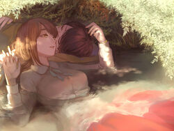  1boy afloat arm_pillow blue_ribbon braid breasts brown_eyes brown_hair closed_eyes collared_shirt commentary_request covered_mouth dappled_sunlight day dress_shirt eyelashes female fine_art_parody freckles holding_hands hood hoodie interlocked_fingers jyushimatsu&#039;s_girlfriend kaiko_suzume large_breasts long_hair long_sleeves matsuno_jyushimatsu nail_polish neck_ribbon ophelia_(painting) osomatsu-kun osomatsu-san osomatsu_(series) outdoors palms parody parted_lips plant red_nails red_skirt ribbon shade shirt single_braid skirt straight sunlight swept_bangs water white_shirt yellow_nails 