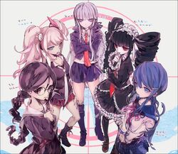  5girls black_hair black_legwear blue_eyes blue_hair blush bonnet boots bow braid breasts celestia_ludenberck celestia_rudenberk character_name cleavage cropped_jacket crossed_arms dangan_ronpa danganronpa danganronpa_1 disguise drill_hair english enoshima_junko frown fukawa_touko glasses gloves gothic_lolita grey_eyes hair_ornament hair_ribbon hairbow hairclip high_heels highres ikusaba_mukuro jacket kirigiri_kyouko kitaya lavender_hair lolita_fashion long_hair maizono_sayaka midriff mole multiple_girls nail_polish necktie open_clothes open_shirt pantyhose pink_hair purple_eyes red_eyes ribbon school_uniform shirt shoes single_braid skirt sleeves_rolled_up spoilers standing twin_braids twin_drills twintails very_long_hair 