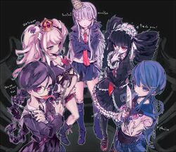  5girls black_hair black_legwear blue_eyes blue_hair blush bonnet bow braid breasts cameo celestia_ludenberck celestia_rudenberk cleavage cropped_jacket crown dangan_ronpa danganronpa danganronpa_1 dark_persona drill_hair empty_eyes english enoshima_junko food frown fukawa_touko genocider_shou glasses gloves gothic_lolita grey_eyes grin hair_ornament hair_ribbon hairbow hairclip heterochromia highres holding jacket kirigiri_kyouko kitaya knife lavender_hair lolita_fashion long_hair long_tongue maizono_sayaka midriff mole multiple_girls mushroom nail_polish necktie noodles open_clothes open_shirt pantyhose pink_hair purple_eyes red_eyes ribbon school_uniform scissors shirt single_braid skirt sleeves_rolled_up smile spoilers standing tongue tongue_out twin_braids twin_drills twintails very_long_hair weapon 