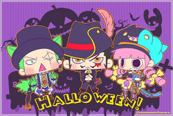  2boys animal_ears black_hair chains chibi crossed_arms crown dracule_mihawk female green_hair halloween hat jippei kuraigana_island looking_at_viewer multiple_boys necktie oerba_yun_fang one_piece perona pink_hair roronoa_zoro scar tail twintails yellow_eyes 