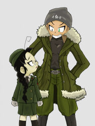  2girls age_difference black_hair blonde_hair dark_skin glasses hellsing military_uniform multiple_girls rip_van_winkle smile tattoo zorin_blitz 