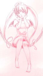  bare_legs bat_wings borrowed_character bottomless buttons commentary ebola-chan female flower glowing glowing_eyes hair_flower hair_ornament hands_on_own_cheeks hands_on_own_face hat highres long_hair looking_at_viewer monochrome nurse nurse_cap open_mouth original personification puffy_short_sleeves puffy_sleeves short_sleeves sitting solo triangle_mouth twintails very_long_hair wings yandere_trance zatsudan 