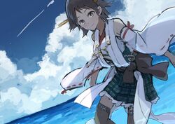  black_thighhighs blue_eyes brown_hair cloud commentary_request day female hiei_(kancolle) kantai_collection looking_at_viewer nontraditional_miko ocean short_hair skirt sky smile solo thighhighs tsukugu water 