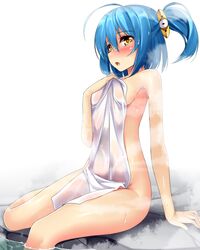  ahoge blue_hair blush breasts commentary_request completely_nude covering_breasts covering_privates female huge_ahoge nude nude_cover ole_tower onsen open_mouth rock short_hair short_ponytail side_ponytail sideboob simple_background sitting skid-steer_loader_(ole_tower) small_breasts solo steam water wet white_background yellow_eyes yuu_sagi 