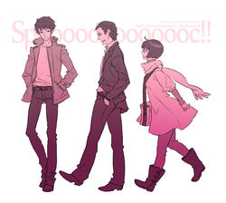  2boys bad_id bad_pixiv_id boots female formal glasses haraguchi_jin jacket katayama_yoriko monochrome multiple_boys nika pantyhose photoshop_(medium) scarf spooc! 