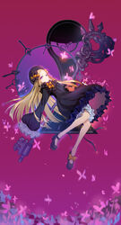  abigail_williams_(fate) asukayou black_bow black_dress black_footwear black_hat blonde_hair bloomers bow bug butterfly commentary dated dress fate/grand_order fate_(series) female forehead hairbow hat highres key long_hair long_sleeves looking_at_viewer looking_to_the_side orange_bow oversized_object parted_bangs polka_dot polka_dot_bow purple_background purple_eyes shoes signature sleeves_past_wrists solo stuffed_animal stuffed_toy teddy_bear underwear very_long_hair white_bloomers 