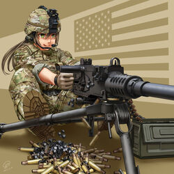  aiming american_flag ammunition ammunition_belt ammunition_box ammunition_pouch belt black_belt body_armor boots brown_background brown_footwear brown_hair brown_headwear brown_jacket brown_pants brown_theme browning_m2 bulletproof_vest camouflage camouflage_headwear camouflage_jacket camouflage_pants chevron_(symbol) chin_strap combat_boots combat_helmet commentary dated desert_camouflage disintegtating_links english_commentary fatigues female full_body gloves green_eyes grey_gloves gun headset heavy_machine_gun helmet highres insignia jacket jpc licking_lips light_brown_background load_bearing_vest long_hair looking_ahead machine_gun magazine_(weapon) microphone military military_rank_insignia military_uniform name_tag original pants pocket pouch rifle_cartridge shadow shell_casing shoe_soles signature sitting sleeves_past_elbows sleeves_rolled_up smile soldier solo star_(symbol) tongue tongue_out tripod two-tone_background uniform united_states utility_belt weapon woodland_camouflage 