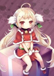  ahoge azur_lane bell blonde_hair box capelet christmas commentary_request eldridge_(azur_lane) eldridge_(holy_night&#039;s_embrace)_(azur_lane) female gift gift_box gloves hair_ornament hairclip light_brown_hair long_hair looking_at_viewer navel official_alternate_costume orange_eyes parted_lips red_capelet red_gloves santa_costume sitting solo twintails v_arms yukiyuki_441 