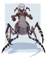  6_legs angry arachnid arachnid_taur arthropod arthropod_abdomen arthropod_taur atlus black_body black_exoskeleton chelicerae chibi clothed clothing exoskeleton fangs gemskull grey_body grey_exoskeleton grey_hair hair hi_res hissing jackknife_chelicerae male megami_tensei megami_tensei_persona multi_eye multi_leg multi_limb multicolored_body multicolored_exoskeleton open_mouth partially_clothed pedipalps persona_(series) persona_4 sega shirt simple_background solo sound_effects spider spider_taur stripes tan_body tan_exoskeleton tank_top taur teeth text topwear yu_narukami 