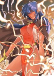  arshes_nei bastard!! blue_eyes blue_hair breasts cape commentary_request cowboy_shot dark-skinned_female dark_elf dark_skin electricity electrokinesis elf female large_breasts long_hair looking_at_viewer magic pointy_ears sideboob silversnow solo sword thighs tunic weapon 