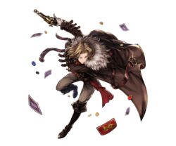  1boy belt blonde_hair blue_eyes boots card coat coin full_body fur_trim gloves granblue_fantasy gun joker_(playing_card) long_hair male_focus minaba_hideo official_art playing_card richard_(granblue_fantasy) solo transparent_background weapon 