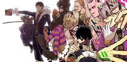  6+boys absurdres annotated bandages black_coat black_footwear black_gloves black_hair blonde_hair blue_eyes blue_pants boku_no_hero_academia book boots cat_skull chrollo_lucilfer cigar closed_mouth coat commentary_request cosplay crocodile_(one_piece) crocodile_(one_piece)_(cosplay) cross crossover d.gray-man dabi_(boku_no_hero_academia) dark_skin death_note denden_(dendenkiribaku) diamond_wa_kudakenai double_bun earrings fangs female frilled_shirt frilled_skirt frills fur_collar gloves grey_hair hair_bun hand_on_another&#039;s_head hat highres holding holding_book holding_clothes holding_hat hook_hand hunter_x_hunter jacket japanese_clothes jewelry jojo_no_kimyou_na_bouken katana killer_queen kira_yoshikage kira_yoshikage_(cosplay) l_(death_note) l_(death_note)_(cosplay) long_sleeves mask mr._compress multiple_boys naruto naruto_(series) neck_ribbon necktie nen_(hunter_x_hunter) one_eye_closed one_piece orange_eyes outstretched_arm overhaul_(boku_no_hero_academia) pants prosthesis prosthetic_arm pumpkin purple_coat purple_jacket red_eyes ribbon road_kamelot road_kamelot_(cosplay) rurouni_kenshin saliva scar severed_hand shigaraki_tomura shirt shishio_makoto shishio_makoto_(cosplay) shoes short_hair skirt smile stain_(boku_no_hero_academia) stand_(jojo) stitches striped_clothes striped_thighhighs sword thighhighs tobi_(naruto) toga_himiko top_hat twice_(boku_no_hero_academia) uchiha_obito umbrella unworn_hat unworn_headwear unworn_mask weapon white_background white_gloves white_shirt yellow_eyes 