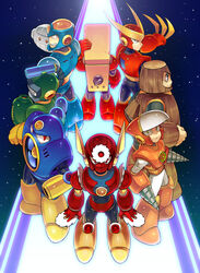  6+boys air_man arm_cannon bad_id bad_pixiv_id blade bubble_man circular_saw crash_man drill flash_man heat_man male_focus mega_man_(classic) mega_man_(series) mega_man_2 metal_man multiple_boys quick_man saw weapon wood_man zakki 