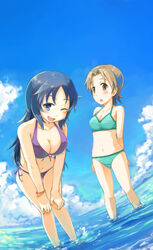  2girls bikini black_hair brown_eyes brown_hair cloud commentary_request day dutch_angle girls_und_panzer hands_on_own_knees highres kannasetsuna leaning_forward long_hair multiple_girls navel one_eye_closed open_mouth outdoors photoshop_(medium) sawa_azusa short_hair sky smile swimsuit wading water yamagou_ayumi 