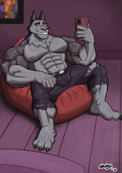  3_toes 5_fingers abs anthro barefoot bean_bag black_nose blind_eye bottomwear canid canid_demon canine cellphone clothed clothing demon electronics eye_scar facial_scar fangs feet fingers fur grey_body grey_fur grin hellaverse hellhound helluva_boss hi_res hindpaw humanoid_hands male mammal muscular muscular_anthro muscular_male mythological_canine mythological_creature mythology nanbuskhan navel nipples pants paws pecs phone red_sclera scar sitting smartphone smile solo teeth toes topless topless_anthro topless_male torn_bottomwear torn_clothing torn_pants vortex_(helluva_boss) white_eyes 