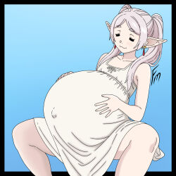  1:1 2026 5_fingers absurd_res bare_shoulders belly belly_rub big_belly black_border border clothing digital_drawing_(artwork) digital_media_(artwork) dress ear_piercing elf female fingers frieren frieren_beyond_journey's_end fungus-man gradient_background hi_res humanoid humanoid_pointy_ears navel navel_outline outie_navel outside_border piercing pointy_ears pregnant pregnant_female pregnant_humanoid simple_background solo spread_legs spreading wickedatlas 
