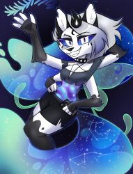  2023 4_arms 4_fingers absurd_res akrost alternate_species anthro belly black_bottomwear black_clothing black_shorts blue_sclera bottomwear breasts canid canid_demon canine cellphone clothing collar constellation crop_top demon ear_piercing electronics ethereal_hair ethereal_tail eyebrow_piercing facial_piercing female fingers fur gloves_(marking) grin hair hellaverse hellhound helluva_boss hi_res holding_cellphone holding_object holding_phone holding_smartphone hybrid loona_(helluva_boss) mammal markings multi_arm multi_limb multicolored_belly mythological_canine mythological_creature mythology notched_ear phone piercing pupils queen_bee-lzebub_(helluva_boss) shirt shorts slit_pupils small_waist smartphone smile solo spiked_collar spikes star topwear white_body white_eyes white_fur white_hair wings 