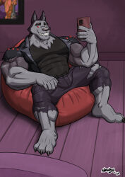  3_toes 5_fingers anthro barefoot bean_bag black_nose blind_eye bottomwear canid canid_demon canine cellphone clothing demon electronics eye_scar facial_scar fangs feet fingers fur grey_body grey_fur grin hellaverse hellhound helluva_boss hi_res hindpaw humanoid_hands jacket leather leather_clothing leather_jacket leather_topwear male mammal muscular muscular_anthro muscular_male mythological_canine mythological_creature mythology nanbuskhan pants paws phone red_sclera scar shirt sitting smartphone smile solo teeth toes topwear torn_bottomwear torn_clothing torn_pants vortex_(helluva_boss) white_eyes 